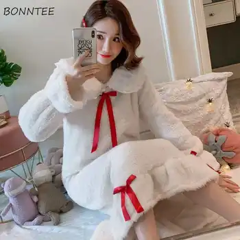 

Nightgowns Women Autumn Coral-velvet Warm Soft Solid Bow Plus Size 4XL Ins New Womens Homewear Pyjamas Loose Elegant Oversize BF