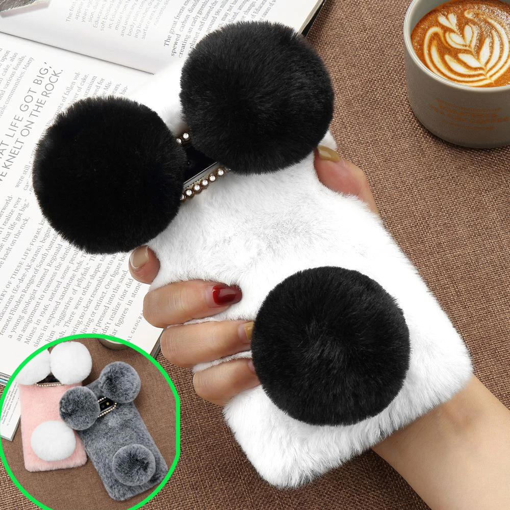 LLZ.COQUE Luxury Bling Panda Fur Fluffy Case for Galaxy S9 Plus Diamond Soft Phone Cover Samsung S10 S8 S7 Edge Capas |
