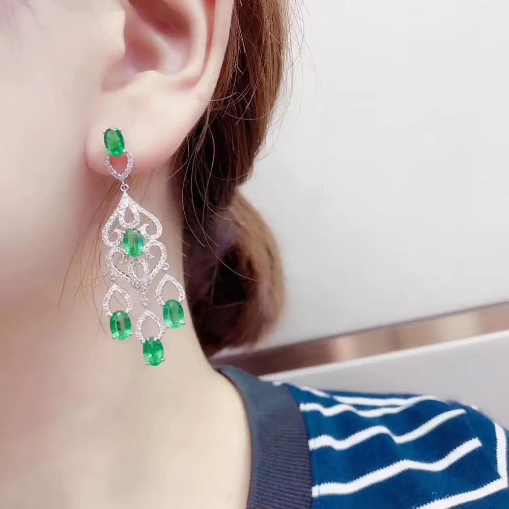 Luxurious Tassels natural green Emerald drop earrings Natural gemstone earrings S925 silver female girl party gift fine jewelry