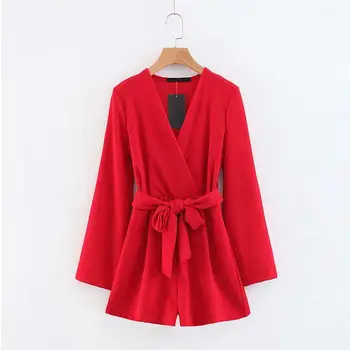 

European And American Fashion V-Neck High Waist Long Sleeve Pants Romper Solid Casual Jumpsuit