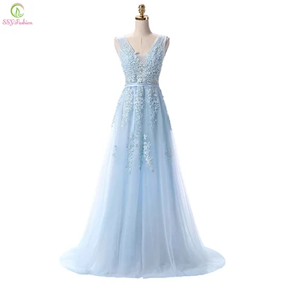 SSYFashion Hot Sell Sweet Light Blue Lace V-neck Lacing Long Evening Dress The Bride Party Sexy Backless Prom Dresses Custom dinner gown Evening Dresses