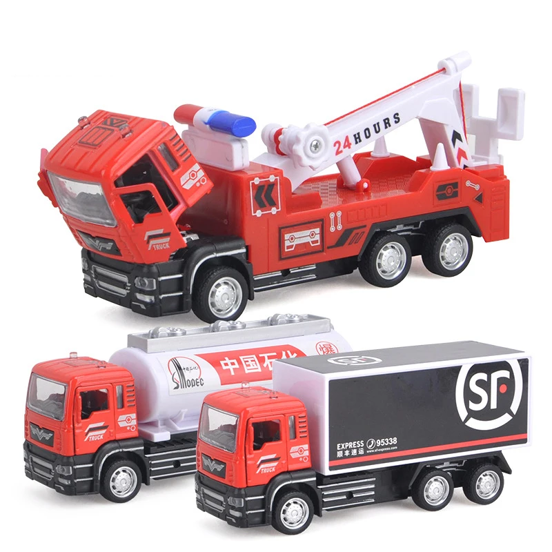 

1:52 Simulation Metal Diecasts Tow Vehicles Courier Car Toy Model Pull Back Oil Tank Truck Birthday Gift for Children Boys Y064