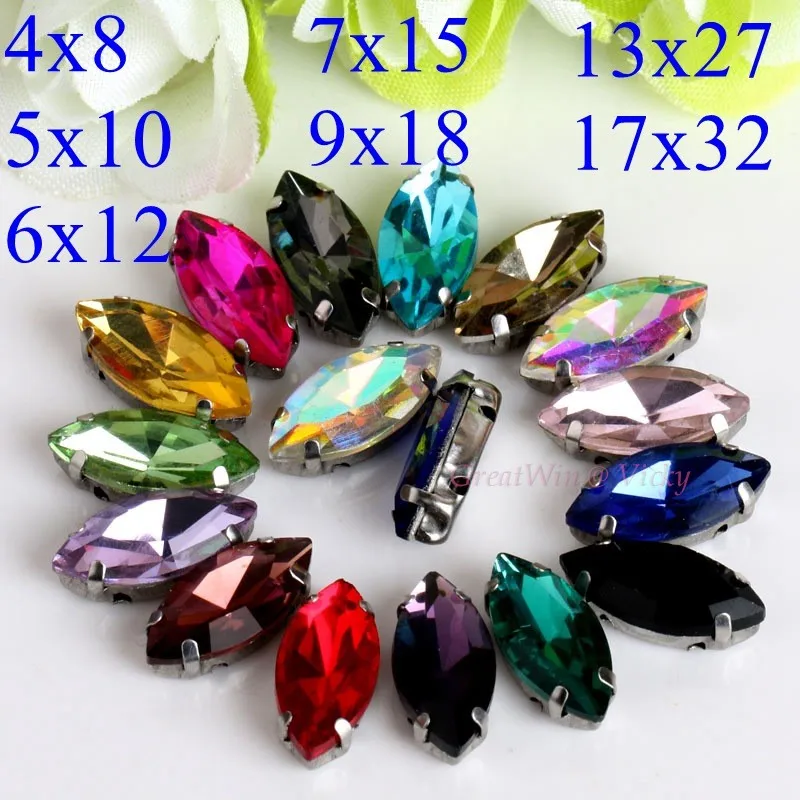 Glass Rhinestones Horse Eye Shape Diamond With Claw Marquise Shape Sew On Strass Metal Base Buckle Stone Wedding Decoration glass rhinestones