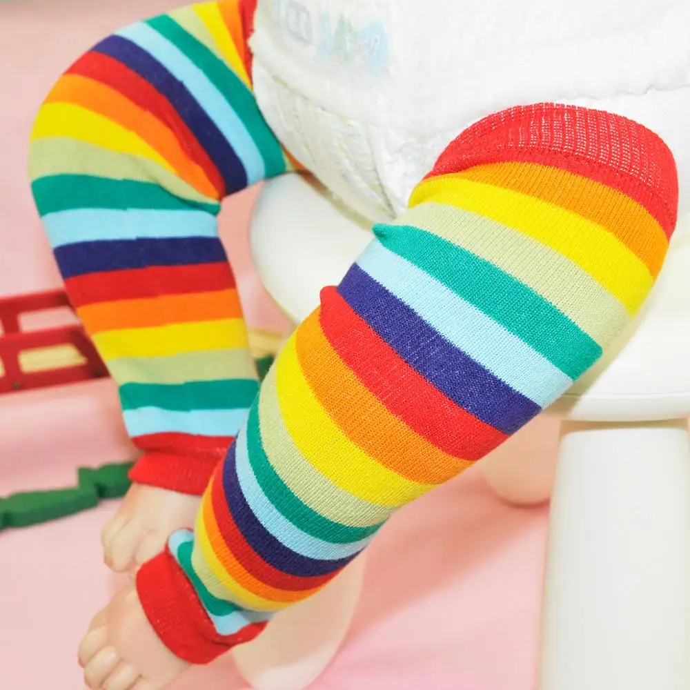 Детские гетры для девочек, хлопковые носки детские Разноцветные полосатые наколенники для ползания, разноцветные вязаные Леггинсы зимние мягкие носки
