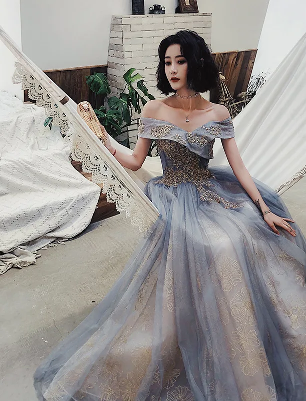Большой размер 3XL вышивка китайский женский с открытыми плечами Cheongsam винтаж вечернее платье знаменитости банкетные Платья Vestidos De Festa - Цвет: Серый