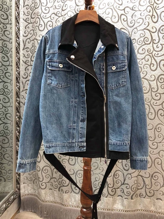 

2019 Early Autumn New Female Turn-over Collar Symmetrical Pocket Side Zipper Button Long Sleeve Jeans Short Jacket 822
