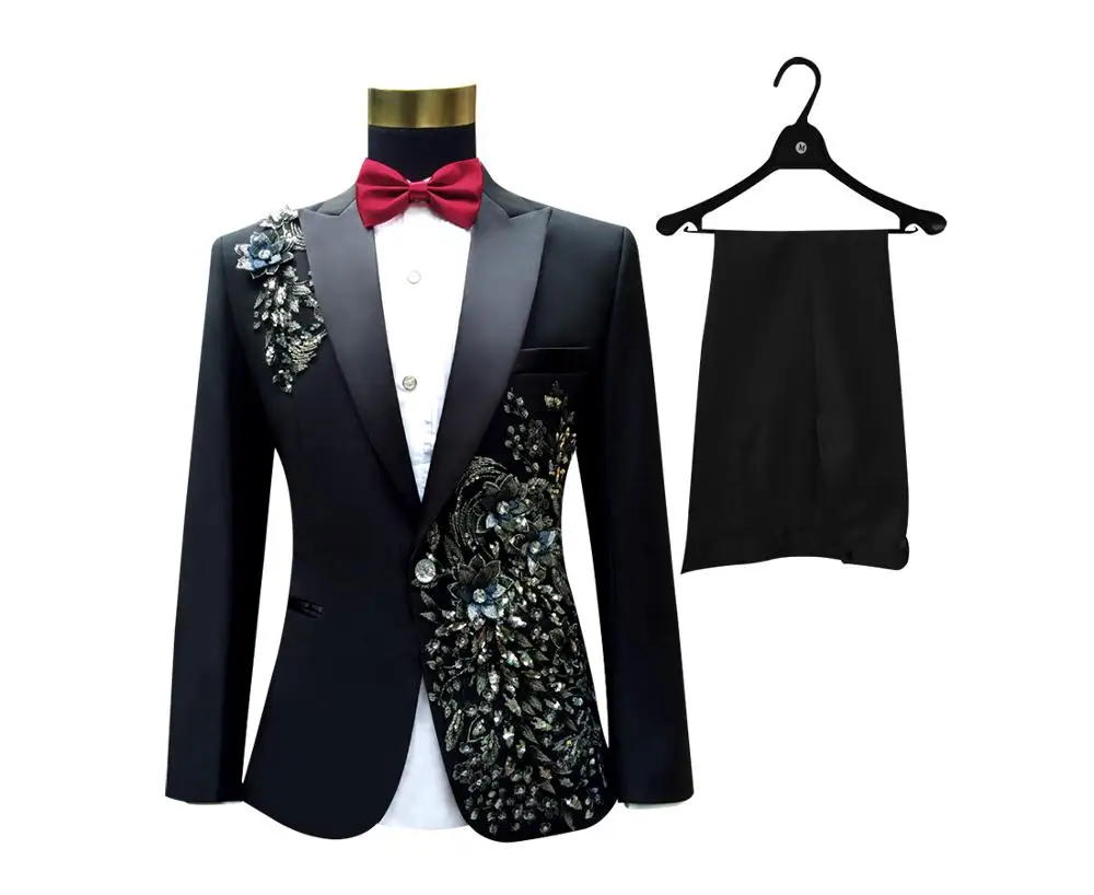 Jacket Pants Bowtie Мужские костюмы, платье, с блестками, с вышивкой, на одной пуговице, свадебный костюм, золотой и Красный смокинг, блейзер, брюки, галстук-бабочка, выпускной костюм, 4XL 5XL - Цвет: Jacket Pants Bowtie