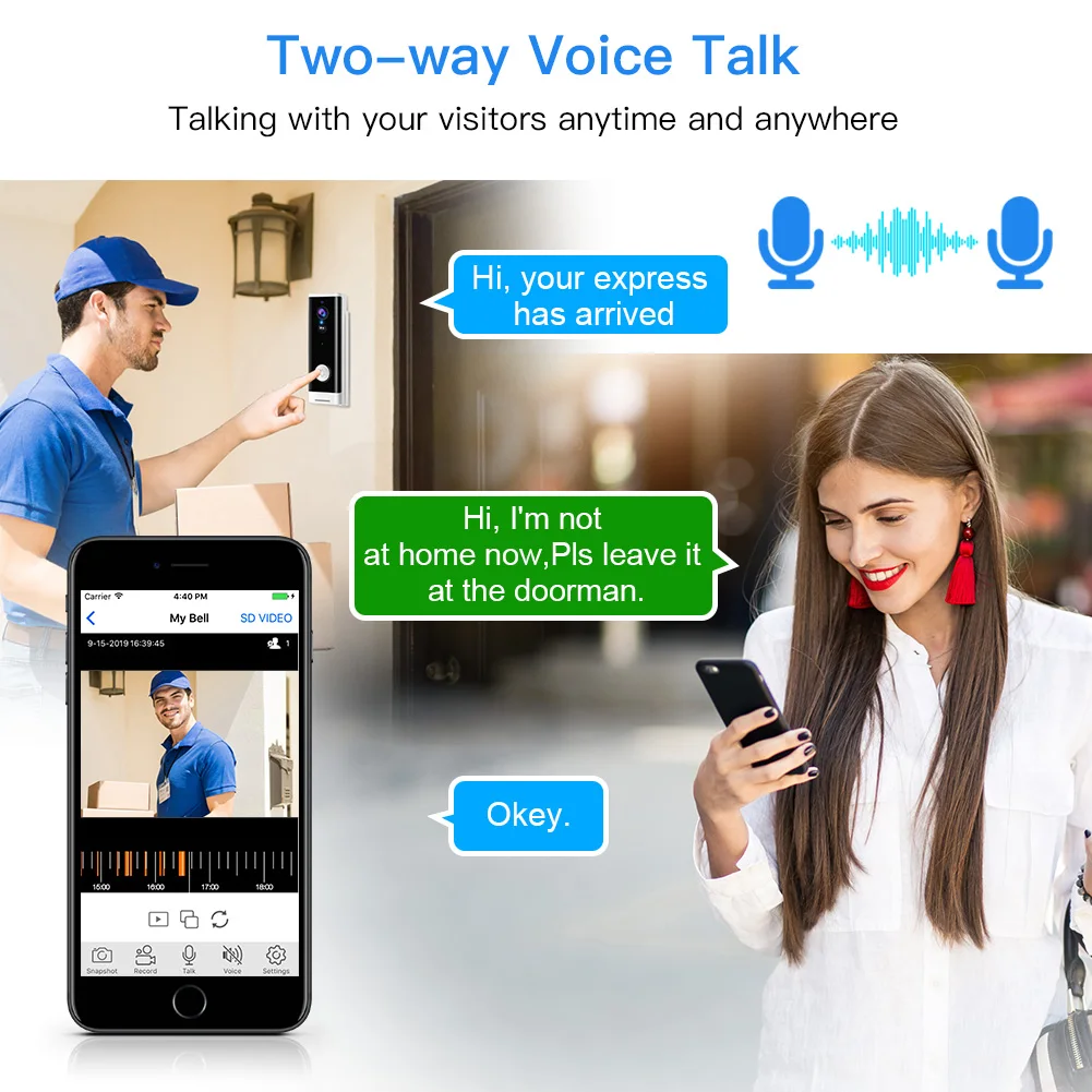 WiFi Video Doorbell 1080P Wireless Smart Security Camera Door Bell 2-way Talk PIR Motion Detection
