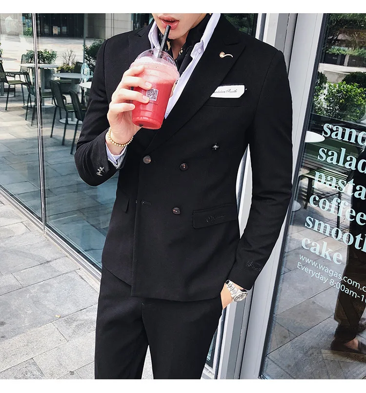 Куртка+ брюки) High-end вышивка одноцветная мужские, повседневные, деловые двубортный костюм 2 предмета в комплекте жениха, свадебное платье, смокинг