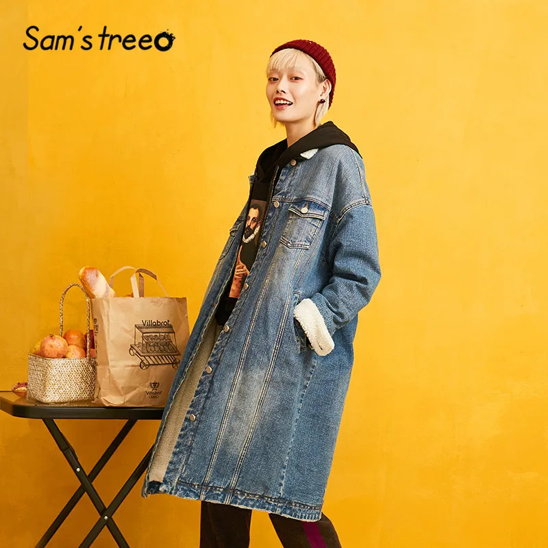 SAM'S TREE/синее однотонное прямое Стеганое теплое джинсовое пальто для женщин, зимняя женская верхняя одежда с воротником поло из овечьей шерсти с лоскутным рукавом
