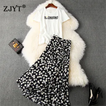 

Fashion Summer Skirt and Top Set Matching Set Women Short Sleeve Diamonds White TShirt+Mid Calf Floral Skirt Suit Sets