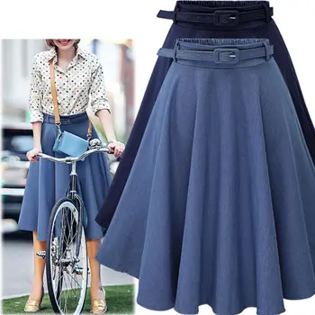 

Womens Summer Faux Denim Midi Long Pleated Flared Swing Skate Skirt Elastic Waist A-Line Knee Length Casual Wear with Belt