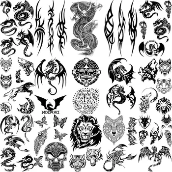 Tatouages temporaires de Dragon et de loup pour hommes et enfants, avec épines réalistes, faux crâne de Lion et de tigre, pour bras et bras