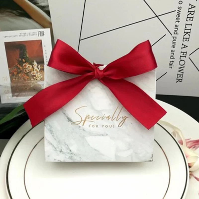 New year Marble style Gift Box Wedding Candy Box With Ribbon Chocolate Packing Decoration For THANKS