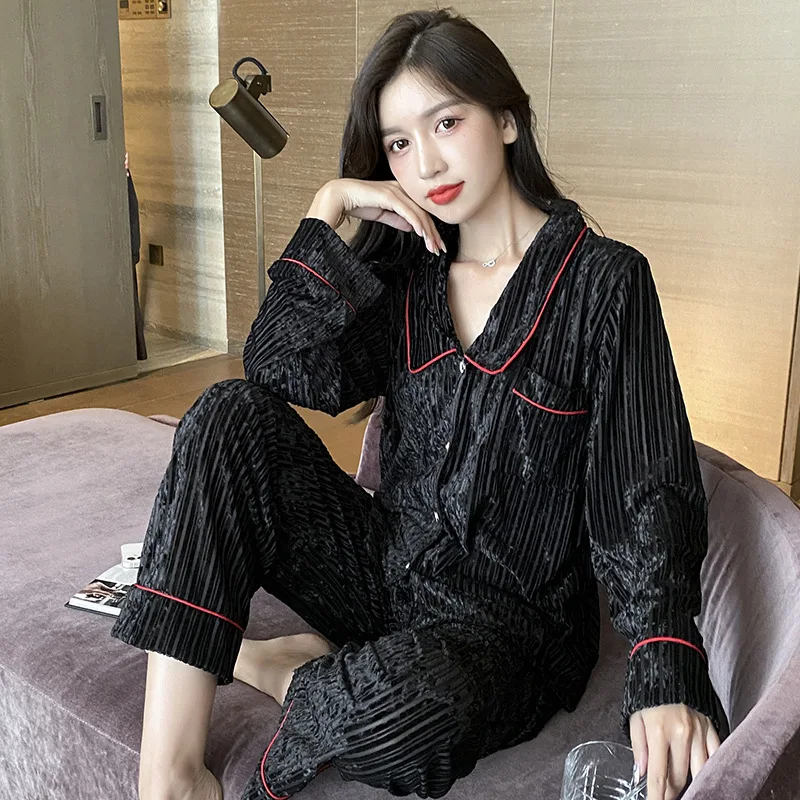 

Velour Women Shirt&Pants Sleepwear 2 Pieces Pajamas Set Soft Lounge Wear Autumn New Black Nightwear Intimate Lingerie Pyjamas