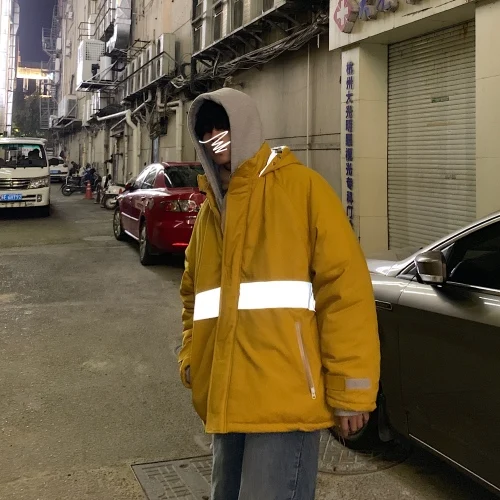 Liketkit,, зимнее пальто для мужчин, одноцветное, со светоотражающими блестками, с капюшоном, куртки, в стиле хип-хоп, мужские парки, повседневное, негабаритное, толстое пальто - Цвет: Цвет: желтый