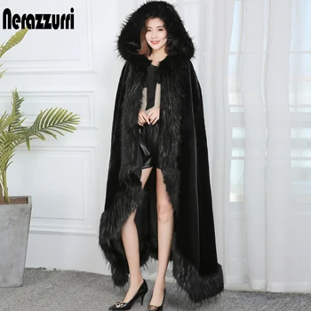 

Nerazzurri black hooded cloak vintage women loose oversized long faux fur cape coat with faux fox fur trim thick warm cloak
