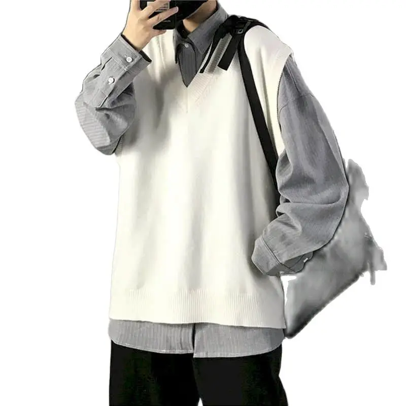 

Men's Fashion Sweater Vest Solid Color V-Neck Knitted Loose Sleeveless Vest 2021 Spring Hot Sale College Style Casual Wear 2XL