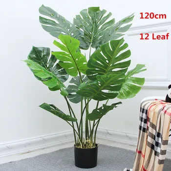 

120cm12 Leaf Artificial Large Palm Tree Potted Plastic Tropical Monstera Plants Indoor Green Bonsai Hotel Christmas Home Decor