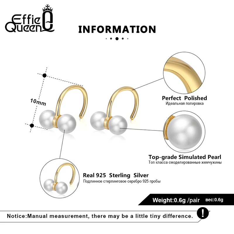 Effie Queen Trendy Gold Color 925 Silver Stud Earrings with Top Grade Simulated Pearl Earring Woman Jewelry Party Gift BE285
