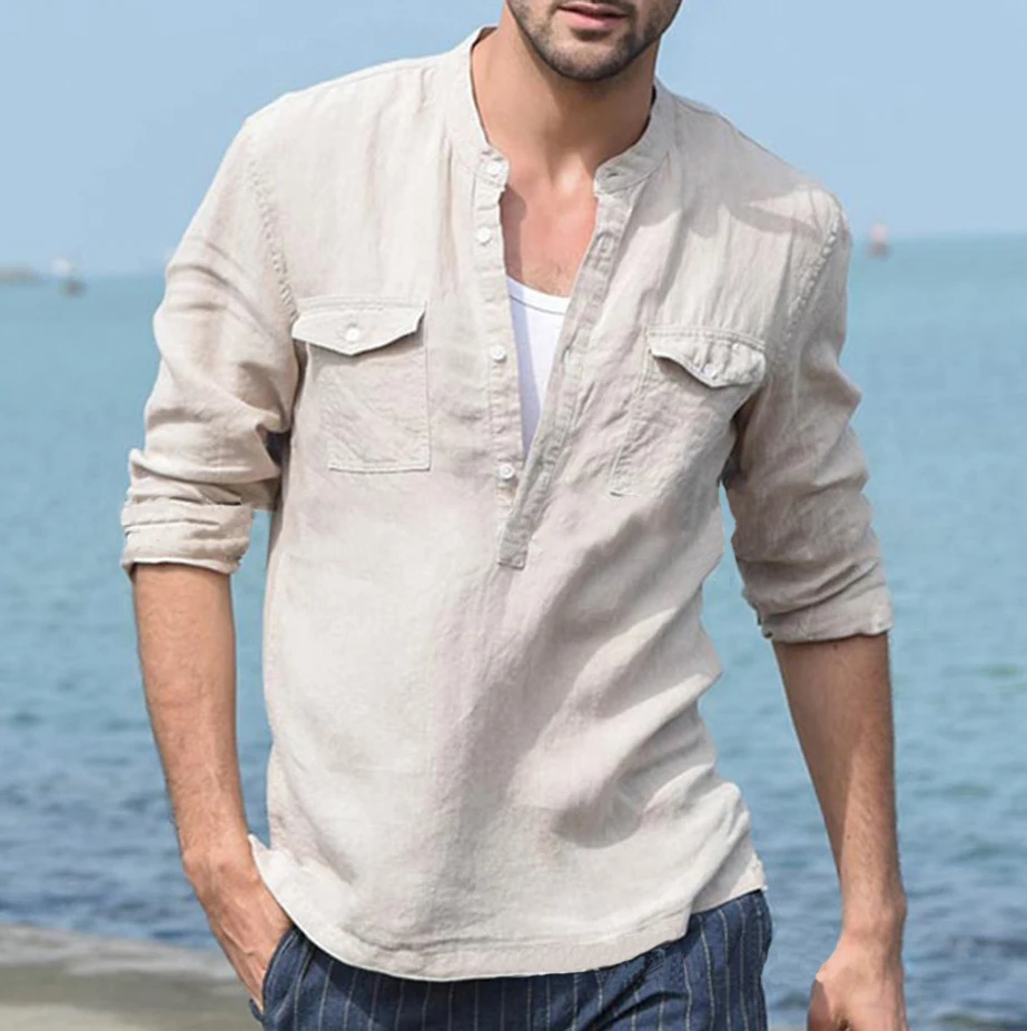 Men Clothes 2019 Button Cotton Linen Long Sleeve Shirts Casual Holiday Street Slim Fit Tops Four Color Mens Sexy V Neck Shirts
