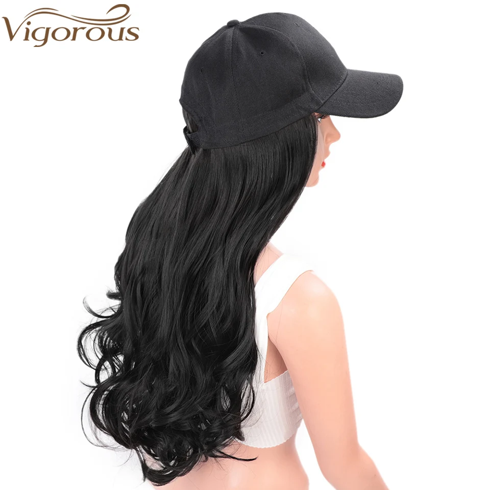 Boné de Beisebol Vigoroso com Extensão do Cabelo Brancos com Cabelo Unido para Mulher Sintético Longo Ondulado Cabelo Chapéus Multi-colorido