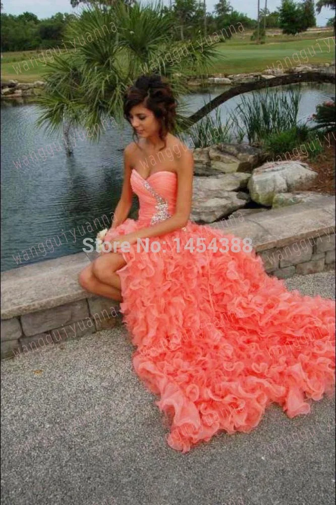 

free shipping 2019 new A line Sweetheart Ruffles real pictures handmade beading lace up Long Coral Prom Dresses with train