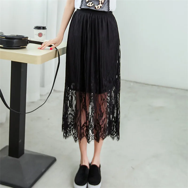 

2017 Spring And Summer New Style Women's Korean-style Gauze Lace Joint Skirt Transparent Sexy Long Skirts 2-Color