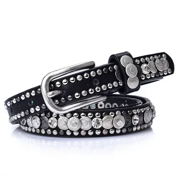

2020 Hot Sale Luxury Rivet Punk Rock Belt Pin Buckle Cowskin Leather Handcrafted Women Female Hip Hop Strap Thin Dress Belts