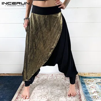 

2020 Men Pants Shiny Patchwork Streetwear Joggers Baggy Elastic Waist Drop-crotch Trousers Men Casual Harem Pants INCERUN S-5XL