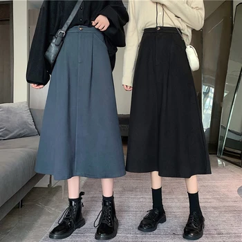 

Winter Women Long Woolen Skirt Fashion High Waist Basic Wool Skirts Female Casual Thick Warm Elastic A-Line Maxi Skirts