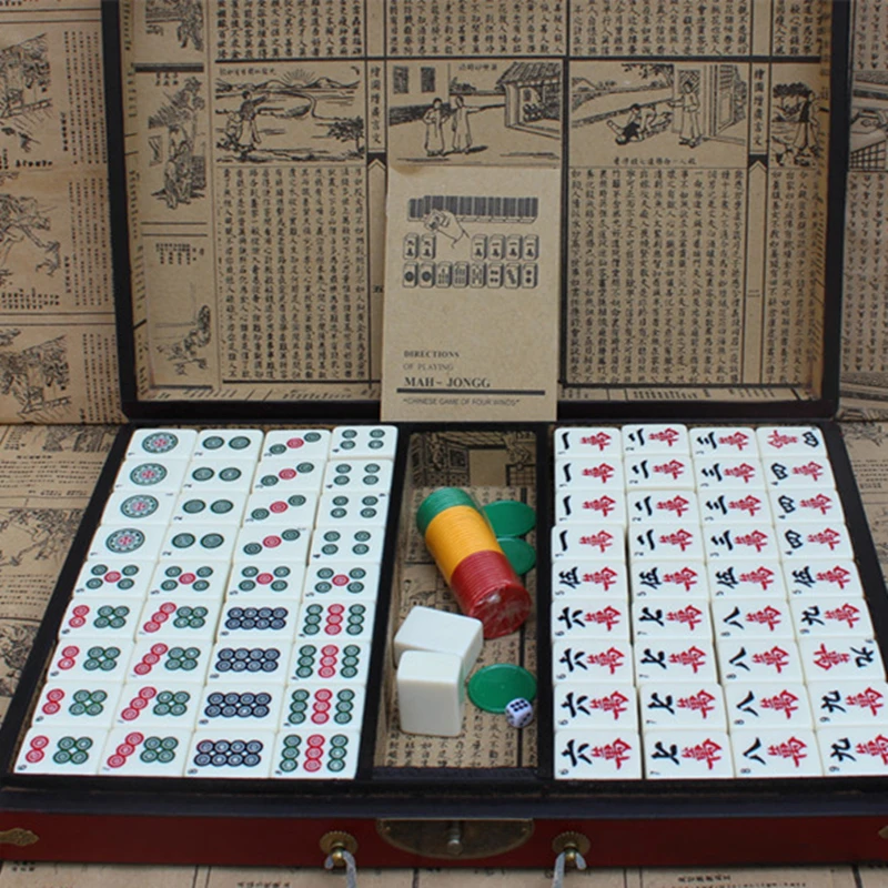 Большой маджонг портативный деревянный набор коробок настольная игра Mah-jong путешествия доска игра Крытый антикварный кожаный ящик руководство на английском языке