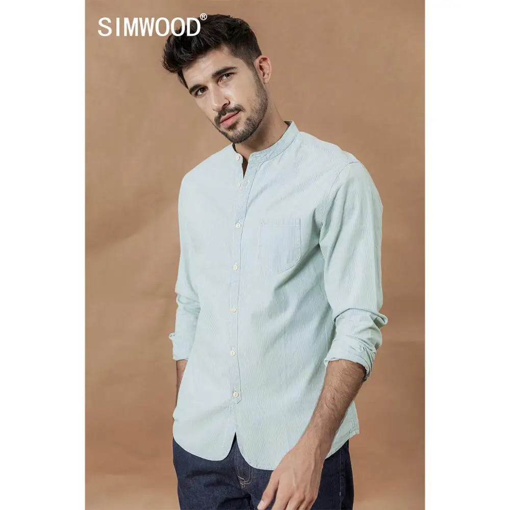 Tanie SIMWOOD stanąć kołnierz pionowe paski koszule mężczyzn, 100% bawełna klasyczny denim slim fit minimalistyczny koszula na co dzień CS135
