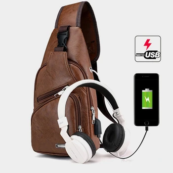 

USB Charge Chest Bag Wild Small Bag Fashion Pockets Leather Men's Messenger Bag