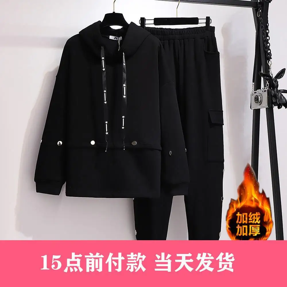 

300 Ultra-Large Size Dress Large GIRL'S Mm Autumn And Winter Hoodie Casual Pants Two-Piece Set Brushed And Thick Western Style S