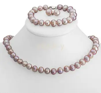 

Genuine 8-9mm Purple Freshwater Cultured Pearl Necklace Bracelet & Earrings Set
