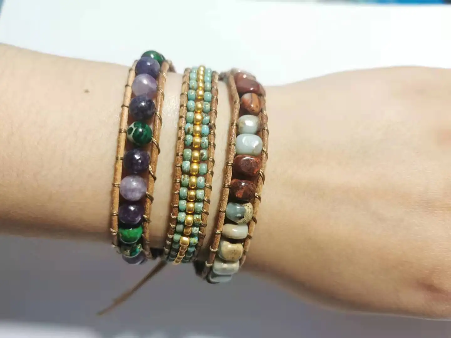 

Multi Strand Leather Wrap Bracelets W/ Natural Stone Jaspers Beaded Bracelet Teengirls Bohemian Jewelry Bijoux Dropship