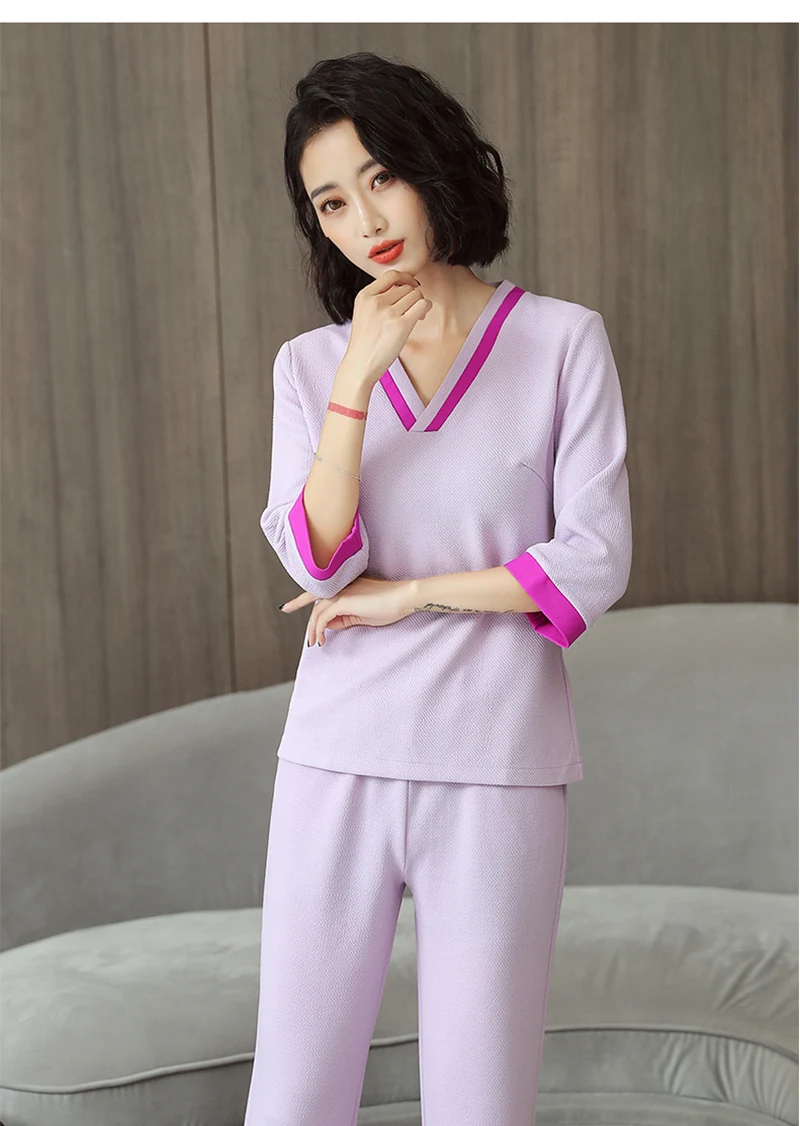 Модная униформа для сотрудниц спа-салонов индивидуальный заказ Фиолетовый массажный спецодежды Красота форма комплекты весенне-летняя