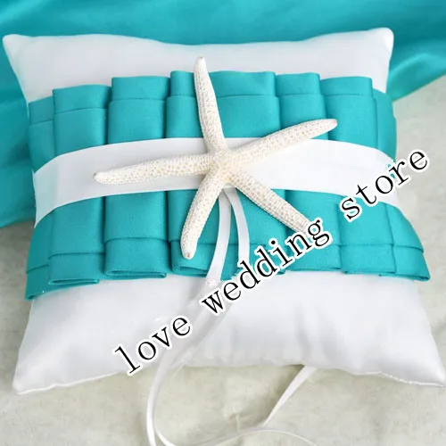 Blue and White Starfish Satin Wedding Ring Pillow for Beach Themed decorations 8.2&quot X | Дом и сад