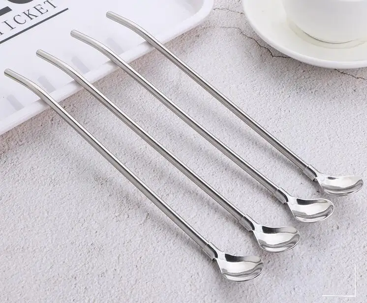 50 Pcs/lot Creative Drinking Straws Spoon Stainless Steel Drinking Straw Cocktail Stirring Spoon Bar Milk Powder Mixing