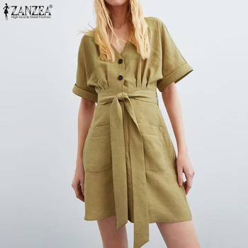 

Elegant Shirt Dress Women's Summer Sunderss ZANZEA 2020 Casual V Neck Mini Vestidos Female Button Tunic Robe Belt Plus Size 5XL