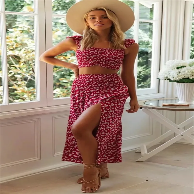 

Sexy Beach Boho Suit Floral Short Vest + Long Skirt Two Piece Set Women Summer 2020 Tracksuits Women Ropa Mujer 