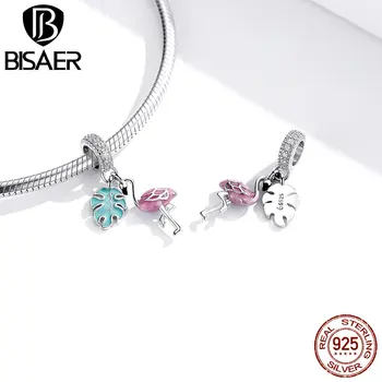 

BISAER 925 Sterling Silver Pink Flamingo Beads Green Turtle Leaf Charms Pendant Fit DIY Bracelet Necklace Women Jewelry Gift