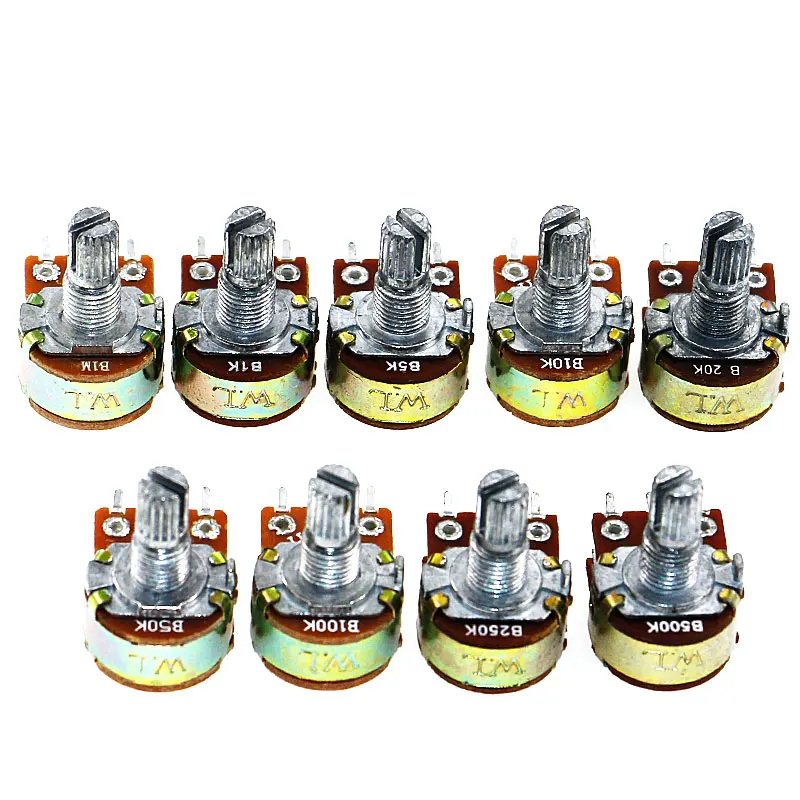 45pcs WH148 Potentiometer Kit B1K B5K B10K 20K 50K 100K 250K 500K 1M 15mm Shaft Amplifier Dual Stereo Set 6pin With Cap switch