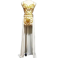 

Gold Shining Rhinestones Sequins Three-Piece Suit Long Trailing Decoration Ladies Dance Costumes Party Evening Stage Wear