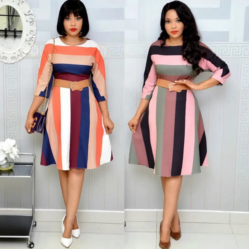 

2020 Spring Women Dress A-line Rainbow Striped O Neck Sashes Zipper Three Quarter Sleeve High Waist Knee Length Office Lady Robe