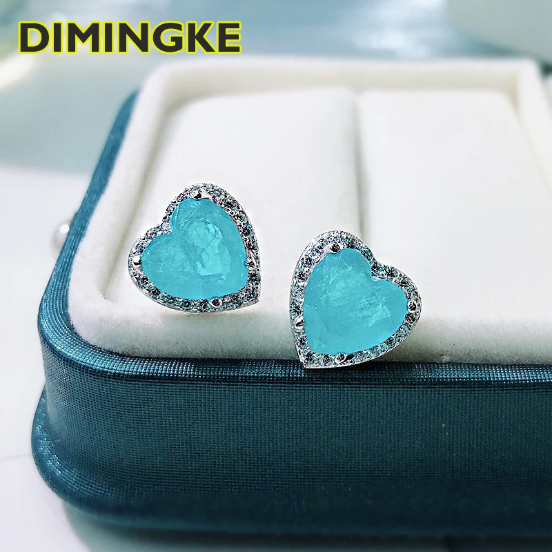 

DIMINGKE 7*7 натуральный турмалин Параиба любовь серьги-гвоздики 100%-S925 стерлингового серебра женские ювелирные изделия вечерние подарок