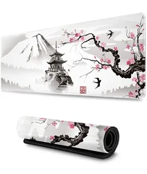 Japanese Cherry Blossom and Pagoda Soft Mouse Pad - Sakura Desk Mat - Size 600x300x2 mm