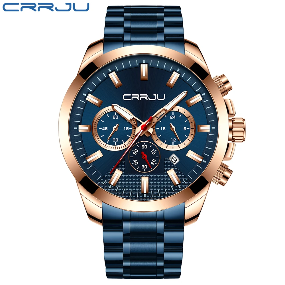 Crrju New Fashion Stainless Steel Mens Watches Top Brand Luxury Multi-Function Chronograph Quartz-2