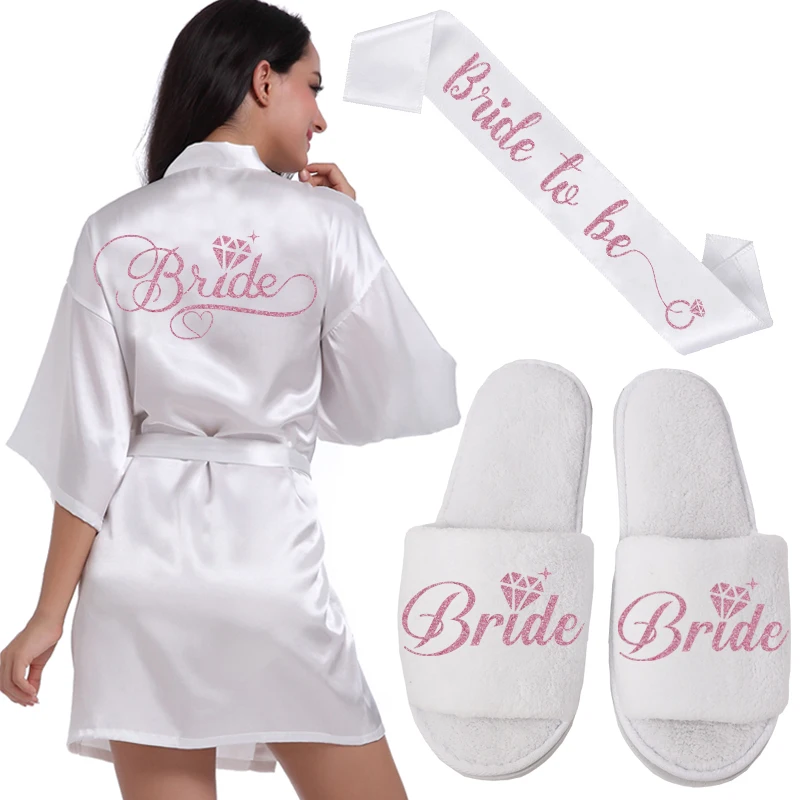Серебряные свадебные халаты для невесты, невесты, подружки невесты, подружки невесты, женские вечерние халаты на заказ с именем и датой - Цвет: robe sash shoe-pink